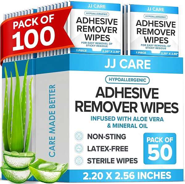 JJ CARE Adhesive Remover Wipes (Pack of 100) 2.2” x 2.56 Inches, Adhesive Remover for Skin, No Sting Medical Adhesive Remover, Ostomy Adhesive Remover for Sensitive Skin - Individually Packed - Image 1