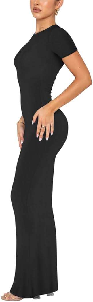 REORIA Women's Basic Summer Casual Lounge Long Dress Elegant Short Sleeve Crew Neck Bodycon Maxi Dresses - Image 2