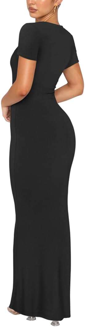 REORIA Women's Basic Summer Casual Lounge Long Dress Elegant Short Sleeve Crew Neck Bodycon Maxi Dresses - Image 3