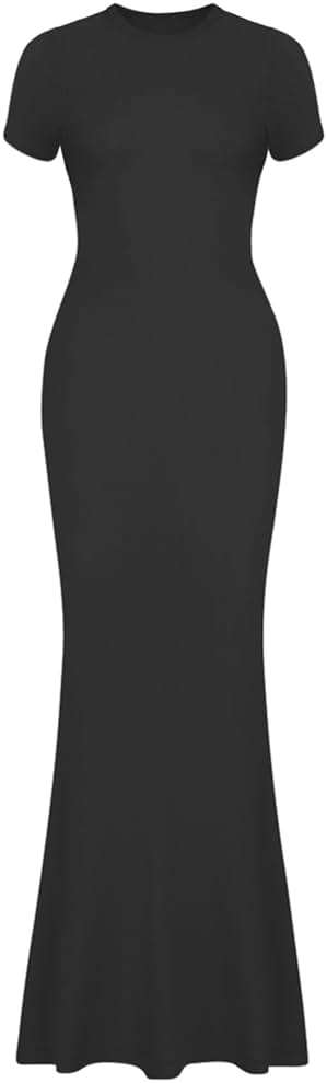 REORIA Women's Basic Summer Casual Lounge Long Dress Elegant Short Sleeve Crew Neck Bodycon Maxi Dresses - Image 5