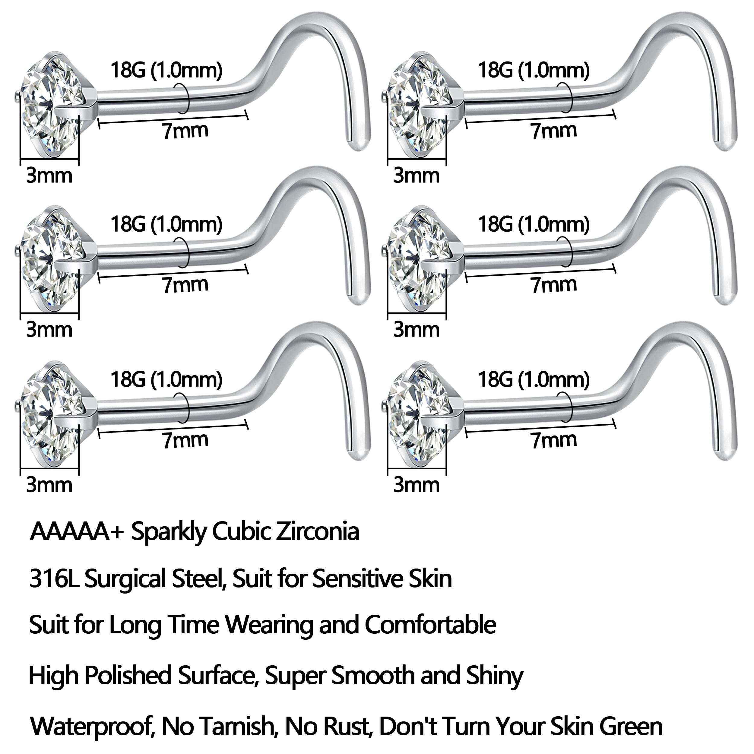Fzroezz 6Pcs Nose Rings Studs Corkscrew 18 Gauge Nose Piercing Jewelry Real Nose Piercings Surgical Steel 18G Screw Nose Rings Jewelry for Women Men 2mm 2.5mm 3mm CZ Gold Silver Black - Image 2