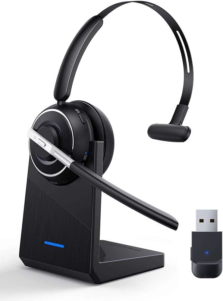 Bluetooth Headset, Wireless Headset with Microphone for PC, V5.2 Computer Headset with Noise Cancelling Mic, USB Dongle, Charging Base & Mute Button for Work, Cell Phones, Computer (Black) - Image 1
