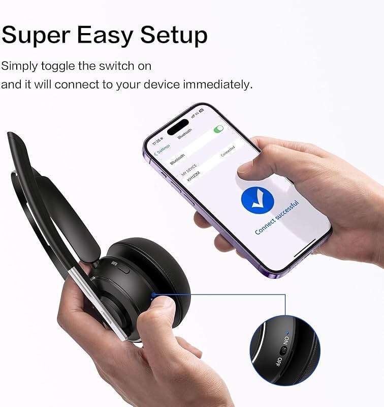 Bluetooth Headset, Wireless Headset with Microphone for PC, V5.2 Computer Headset with Noise Cancelling Mic, USB Dongle, Charging Base & Mute Button for Work, Cell Phones, Computer (Black) - Image 2