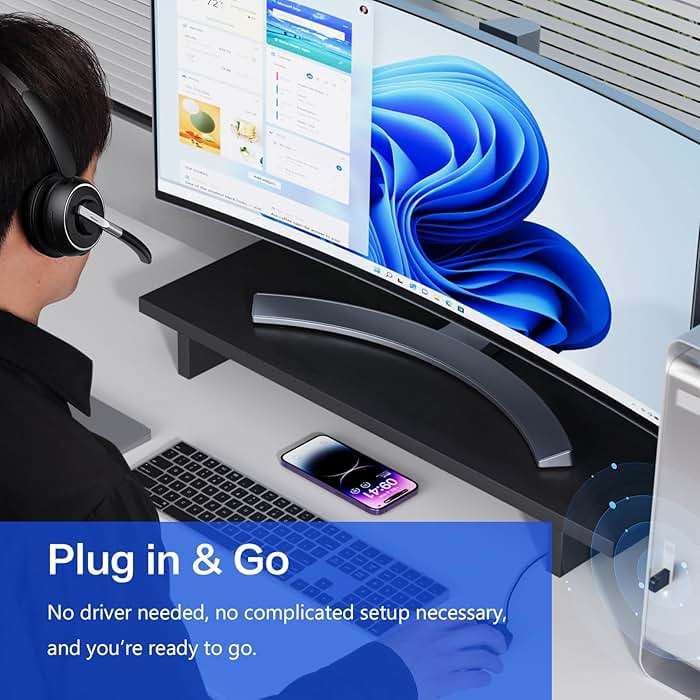 Bluetooth Headset, Wireless Headset with Microphone for PC, V5.2 Computer Headset with Noise Cancelling Mic, USB Dongle, Charging Base & Mute Button for Work, Cell Phones, Computer (Black) - Image 3