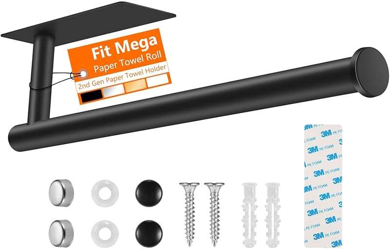 UREZORGEAR 2nd Gen Paper Towel Holder Under Cabinet No Drilling, [More Sturdy] Self Adhesive or Drilling Paper Towel Holder Wall Mount for Kitchen,RV [Fit Mega Paper Towel Roll] SUS304 Stainless Steel - Image 1