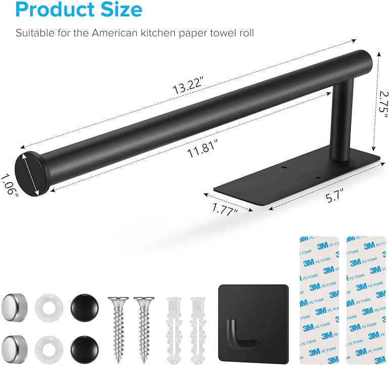 UREZORGEAR 2nd Gen Paper Towel Holder Under Cabinet No Drilling, [More Sturdy] Self Adhesive or Drilling Paper Towel Holder Wall Mount for Kitchen,RV [Fit Mega Paper Towel Roll] SUS304 Stainless Steel - Image 3