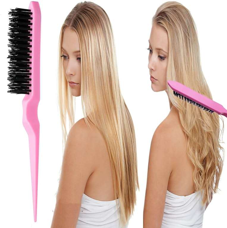 ZVOREI 8Pcs Hair Brushes Set with 4Pcs Topsy Hair Tail Tools 1Pcs Bristle Teasing Hair Brush 1Pcs Edge Control Brush 2Pcs Metal Pin Rat Tail Combs for Woman Girl hair Styling,Edge&Back Brushing,Pink - Image 3