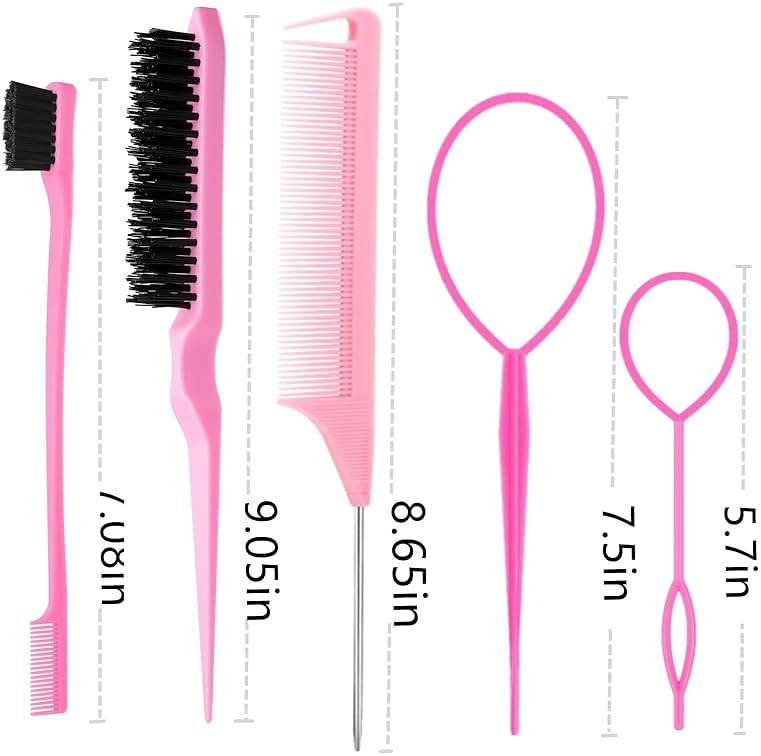 ZVOREI 8Pcs Hair Brushes Set with 4Pcs Topsy Hair Tail Tools 1Pcs Bristle Teasing Hair Brush 1Pcs Edge Control Brush 2Pcs Metal Pin Rat Tail Combs for Woman Girl hair Styling,Edge&Back Brushing,Pink - Image 6