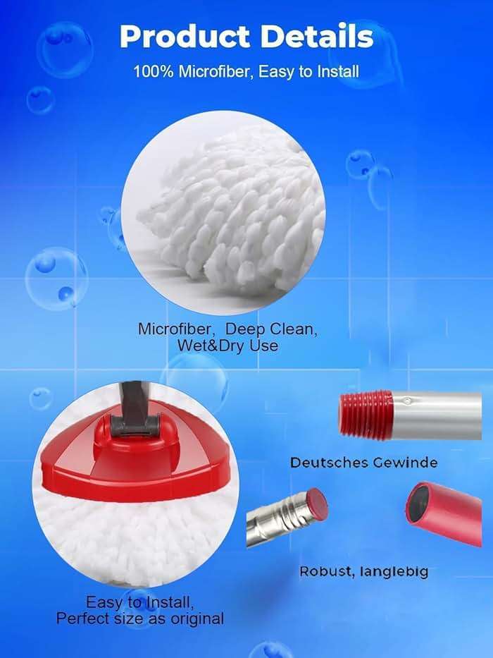 4 Pack Spin Mop Replacement Head Compatible with O-Cedar EasyWring 1 Tank, 30-58" Mop Handle Base and Microfiber Head Refills, Easy-to-Replace (White,1 Tank) - Image 3