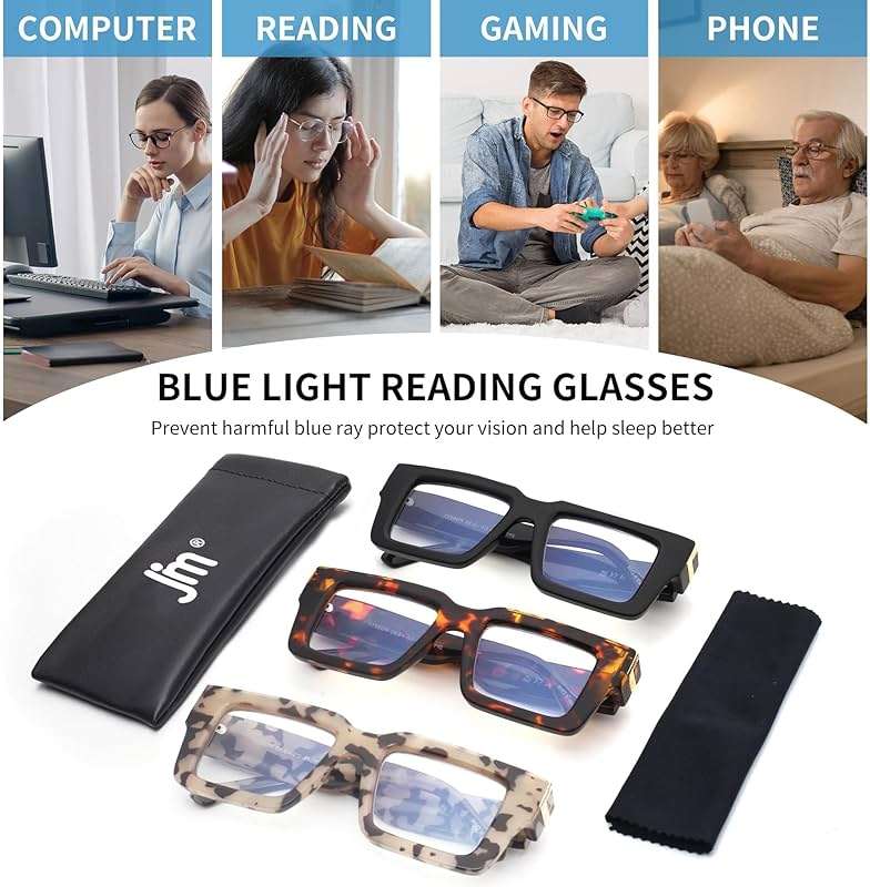 JM 3 Pack Reading Glasses for Women Men, Fashion Square Blue Light Blocking Readers - Image 9