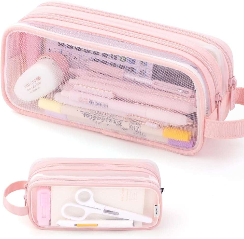 ANGOOBABY Large Grid Mesh Pencil Case 2 Compartment Pen Bag Clear Handheld Multifunction Pencil Pouch Transparent Makeup Bag for Teen Student College Business Travel Office Adult - Pink - Image 1
