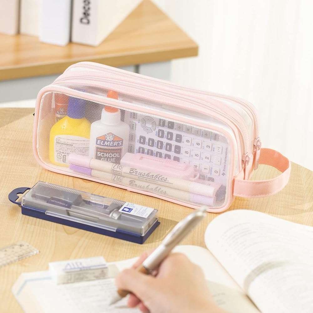 ANGOOBABY Large Grid Mesh Pencil Case 2 Compartment Pen Bag Clear Handheld Multifunction Pencil Pouch Transparent Makeup Bag for Teen Student College Business Travel Office Adult - Pink - Image 2
