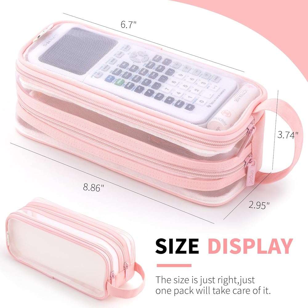 ANGOOBABY Large Grid Mesh Pencil Case 2 Compartment Pen Bag Clear Handheld Multifunction Pencil Pouch Transparent Makeup Bag for Teen Student College Business Travel Office Adult - Pink - Image 3