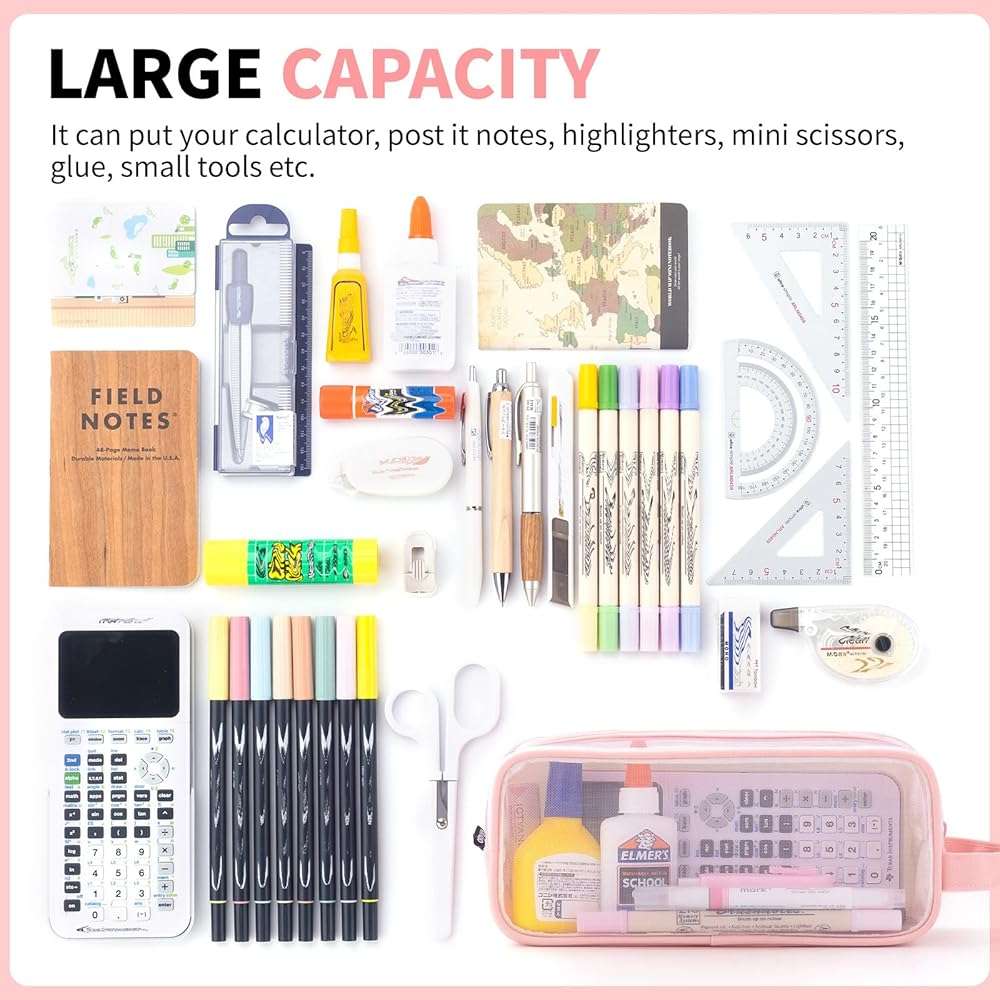ANGOOBABY Large Grid Mesh Pencil Case 2 Compartment Pen Bag Clear Handheld Multifunction Pencil Pouch Transparent Makeup Bag for Teen Student College Business Travel Office Adult - Pink - Image 4
