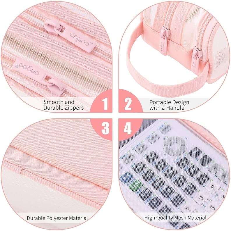 ANGOOBABY Large Grid Mesh Pencil Case 2 Compartment Pen Bag Clear Handheld Multifunction Pencil Pouch Transparent Makeup Bag for Teen Student College Business Travel Office Adult - Pink - Image 5