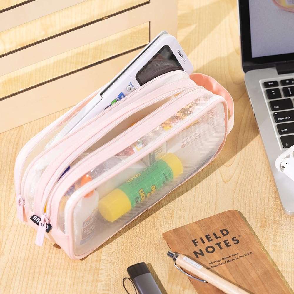 ANGOOBABY Large Grid Mesh Pencil Case 2 Compartment Pen Bag Clear Handheld Multifunction Pencil Pouch Transparent Makeup Bag for Teen Student College Business Travel Office Adult - Pink - Image 6