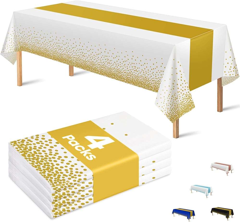 OHOME 4 Pack Disposable Plastic Table Cloths for Parties,White and Gold Rectangle Table Covers for Fall Decor Wedding Bridal Shower Birthday | Baptism Friendsgiving New Years Decorations 54" x 108" - Image 1