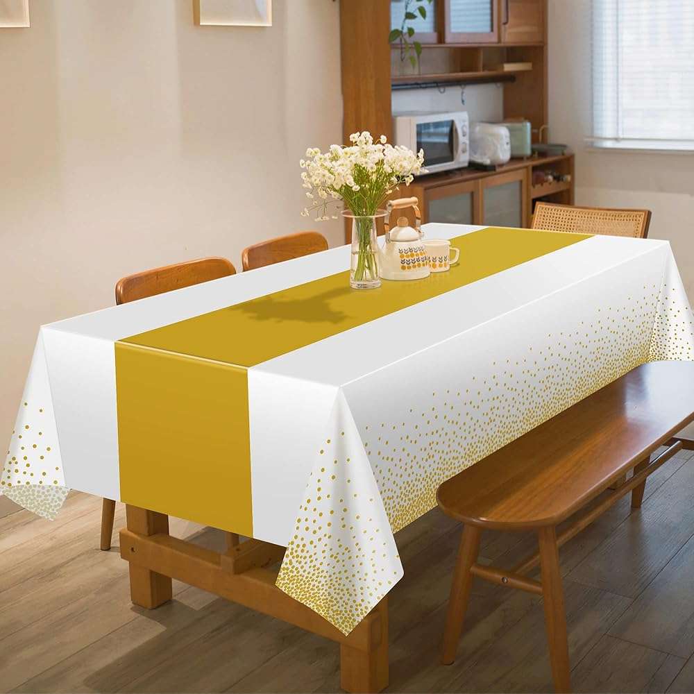 OHOME 4 Pack Disposable Plastic Table Cloths for Parties,White and Gold Rectangle Table Covers for Fall Decor Wedding Bridal Shower Birthday | Baptism Friendsgiving New Years Decorations 54" x 108" - Image 2