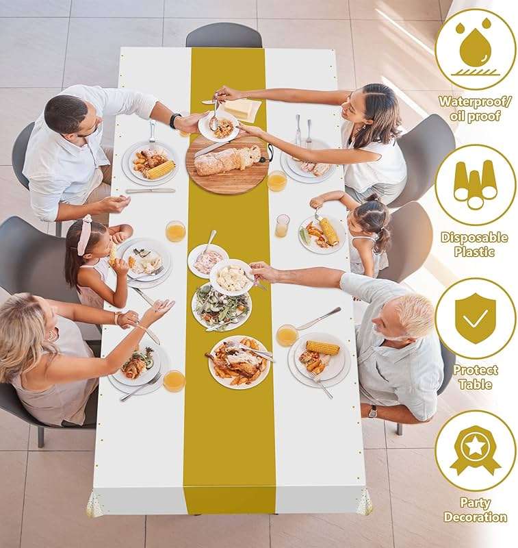 OHOME 4 Pack Disposable Plastic Table Cloths for Parties,White and Gold Rectangle Table Covers for Fall Decor Wedding Bridal Shower Birthday | Baptism Friendsgiving New Years Decorations 54" x 108" - Image 4