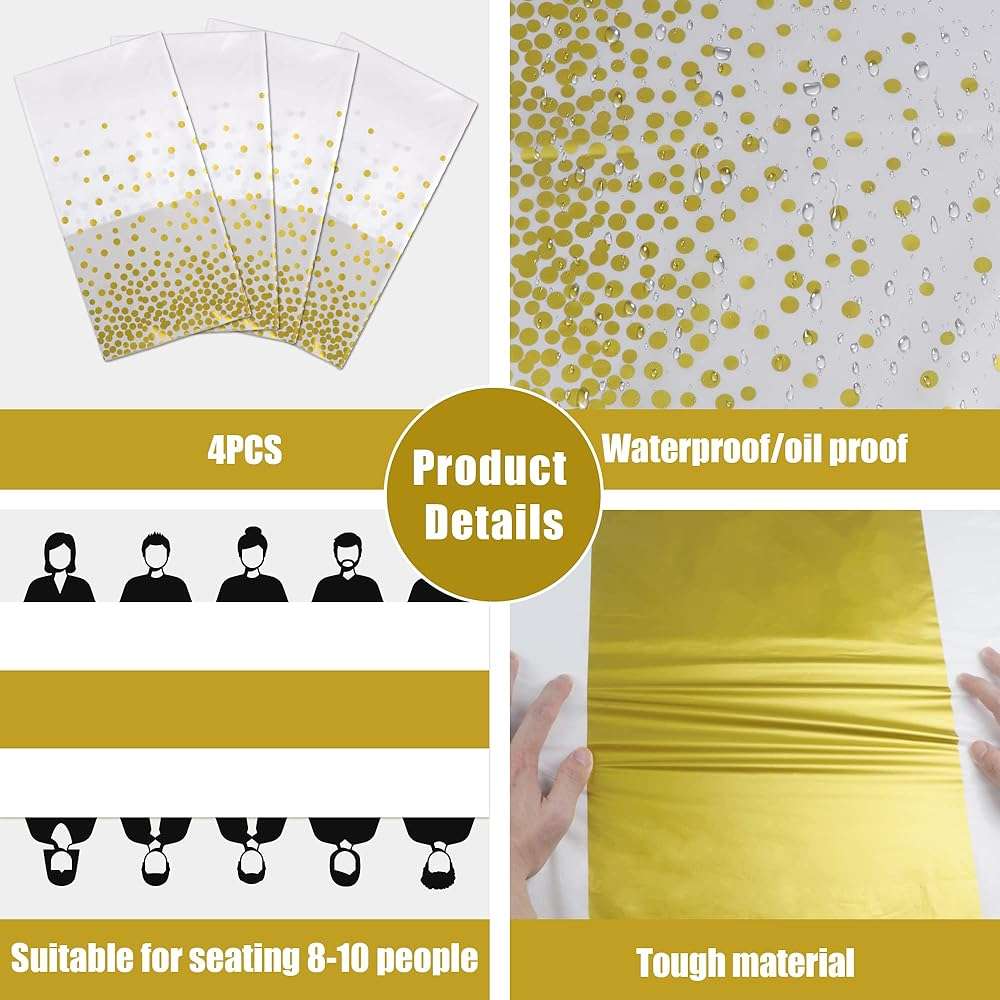 OHOME 4 Pack Disposable Plastic Table Cloths for Parties,White and Gold Rectangle Table Covers for Fall Decor Wedding Bridal Shower Birthday | Baptism Friendsgiving New Years Decorations 54" x 108" - Image 5