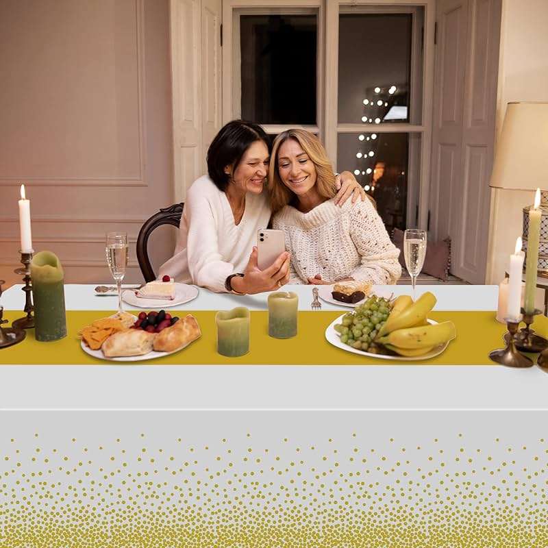 OHOME 4 Pack Disposable Plastic Table Cloths for Parties,White and Gold Rectangle Table Covers for Fall Decor Wedding Bridal Shower Birthday | Baptism Friendsgiving New Years Decorations 54" x 108" - Image 6
