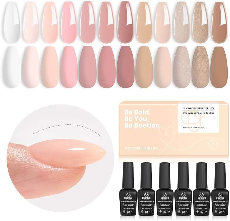 Beetles Builder Gel Set,12 Colors 7 in 1 Nail Thickening Strengthening Building Instant Apex for Beginner DIY Salon,Pink Nude Gel Builder Nail Art Design Gifts for Women,UV & LED Lamp Needed - Image 1