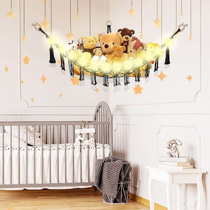 CERETIA Stuffed Animal Hammock with LED Light, Large Stuffed Animals Storage Corner Plushie Net for Kids Room Decor, Black - Image 2