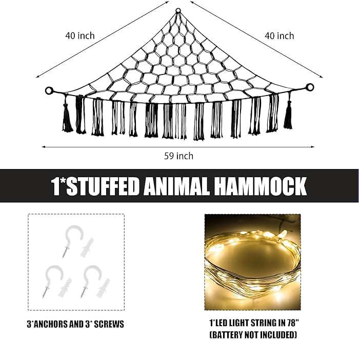 CERETIA Stuffed Animal Hammock with LED Light, Large Stuffed Animals Storage Corner Plushie Net for Kids Room Decor, Black - Image 3