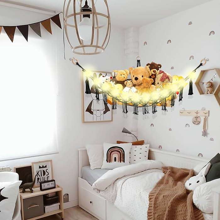 CERETIA Stuffed Animal Hammock with LED Light, Large Stuffed Animals Storage Corner Plushie Net for Kids Room Decor, Black - Image 4