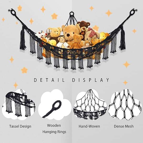 CERETIA Stuffed Animal Hammock with LED Light, Large Stuffed Animals Storage Corner Plushie Net for Kids Room Decor, Black - Image 6