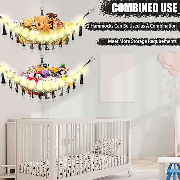 CERETIA Stuffed Animal Hammock with LED Light, Large Stuffed Animals Storage Corner Plushie Net for Kids Room Decor, Black - Image 8