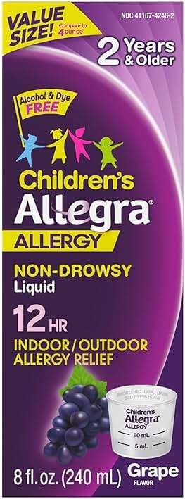 Allegra Children's 12-Hour Allergy Relief Liquid, Non-Drowsy Indoor and Outdoor Allergy Medicine, 30 mg Fexofenadine HCI Antihistamine for Kids, Grape Flavor, 8 oz - Image 1