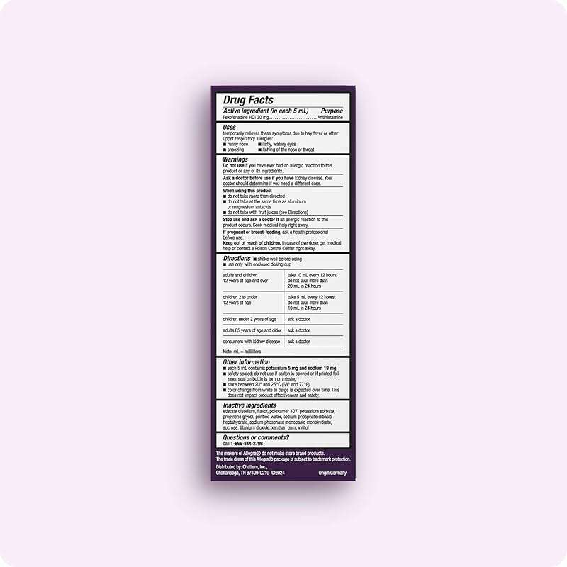 Allegra Children's 12-Hour Allergy Relief Liquid, Non-Drowsy Indoor and Outdoor Allergy Medicine, 30 mg Fexofenadine HCI Antihistamine for Kids, Grape Flavor, 8 oz - Image 2