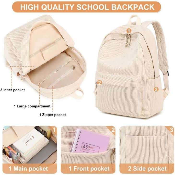 BTOOP School Backpack for Teens Large Corduroy Bookbag Lightweight 15.6 inch Laptop Bag for Girls Women Casual High School College - Image 3