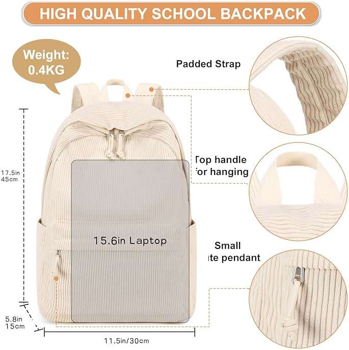 BTOOP School Backpack for Teens Large Corduroy Bookbag Lightweight 15.6 inch Laptop Bag for Girls Women Casual High School College - Image 4