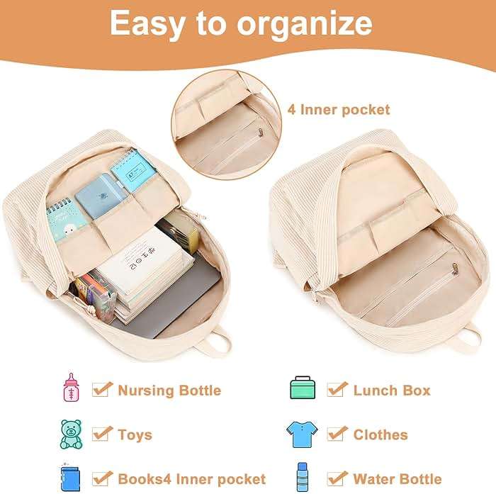 BTOOP School Backpack for Teens Large Corduroy Bookbag Lightweight 15.6 inch Laptop Bag for Girls Women Casual High School College - Image 5