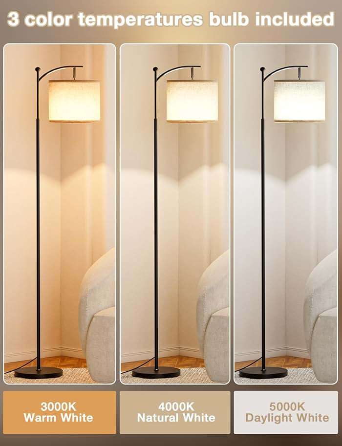 Ambimall Tall Floor Lamps with 3 Color Temperatures Bulb & Adjustable Linen Shade, for Living Room, Bedroom, Office, Classroom, Dorm Room (9W Bulb Included), Beige & Black, 60" - Image 2