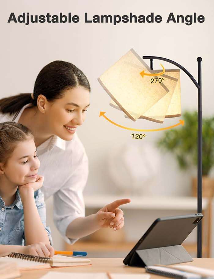 Ambimall Tall Floor Lamps with 3 Color Temperatures Bulb & Adjustable Linen Shade, for Living Room, Bedroom, Office, Classroom, Dorm Room (9W Bulb Included), Beige & Black, 60" - Image 3