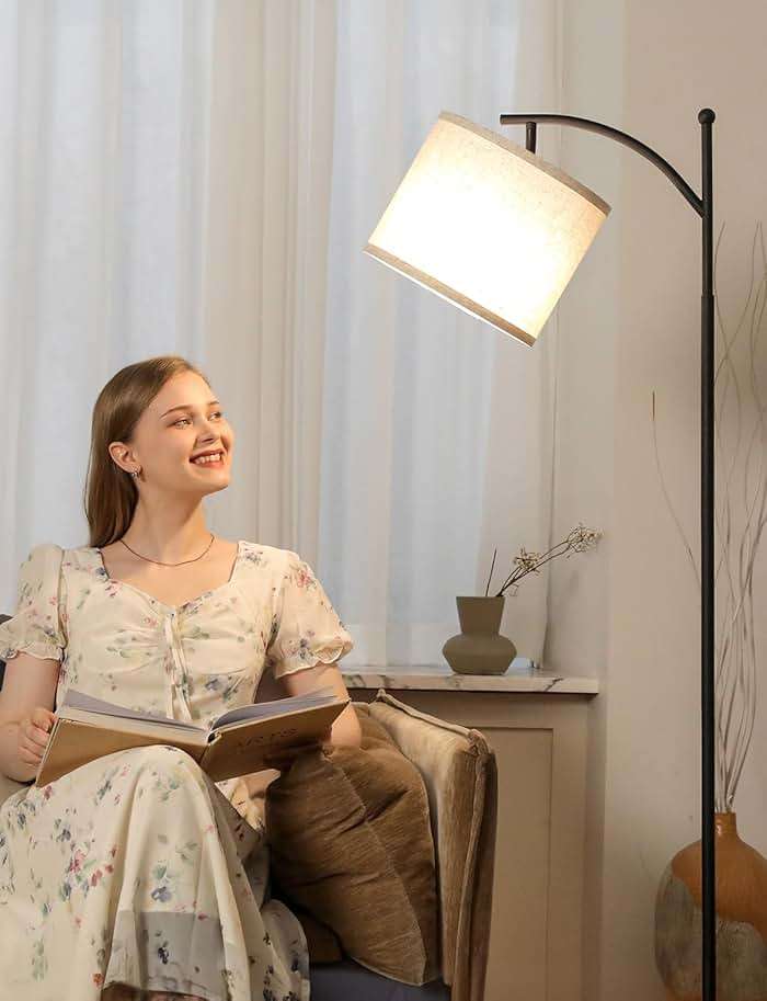 Ambimall Tall Floor Lamps with 3 Color Temperatures Bulb & Adjustable Linen Shade, for Living Room, Bedroom, Office, Classroom, Dorm Room (9W Bulb Included), Beige & Black, 60" - Image 4