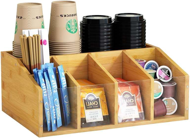 AEEHFENG Coffee Station Organizer Condiment Organizer for Countertop Farmhouse Coffee Caddy with Removable Dividers Small Cute Office Bar Accessories for Tea Bags, Pods, Syrup, Cups, and Stirrer - Image 1