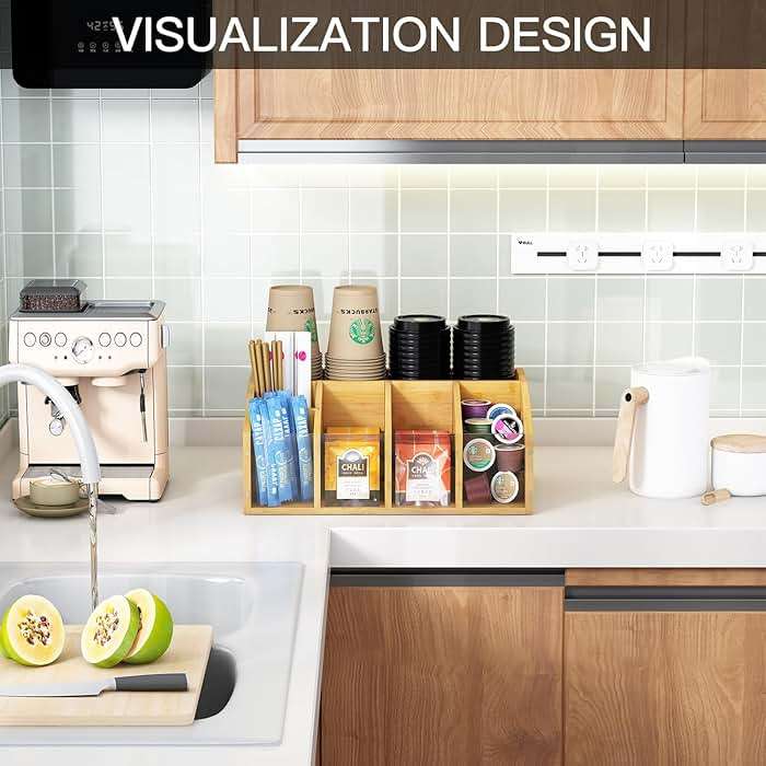 AEEHFENG Coffee Station Organizer Condiment Organizer for Countertop Farmhouse Coffee Caddy with Removable Dividers Small Cute Office Bar Accessories for Tea Bags, Pods, Syrup, Cups, and Stirrer - Image 4