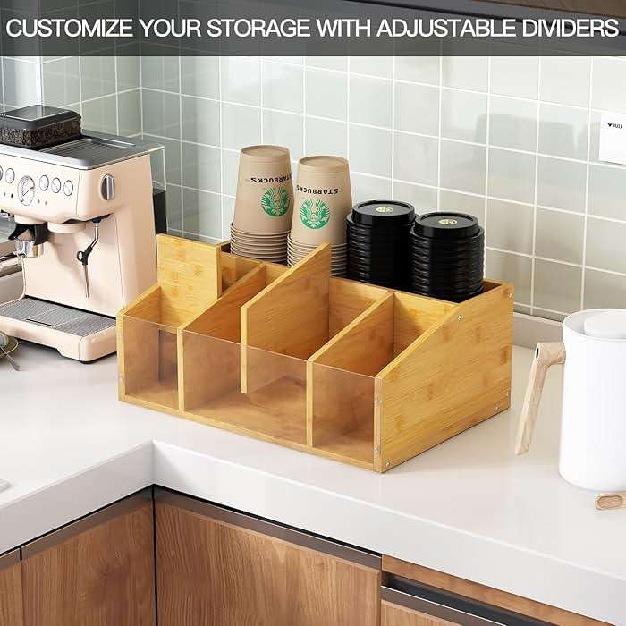 AEEHFENG Coffee Station Organizer Condiment Organizer for Countertop Farmhouse Coffee Caddy with Removable Dividers Small Cute Office Bar Accessories for Tea Bags, Pods, Syrup, Cups, and Stirrer - Image 5