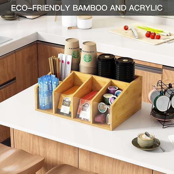 AEEHFENG Coffee Station Organizer Condiment Organizer for Countertop Farmhouse Coffee Caddy with Removable Dividers Small Cute Office Bar Accessories for Tea Bags, Pods, Syrup, Cups, and Stirrer - Image 6
