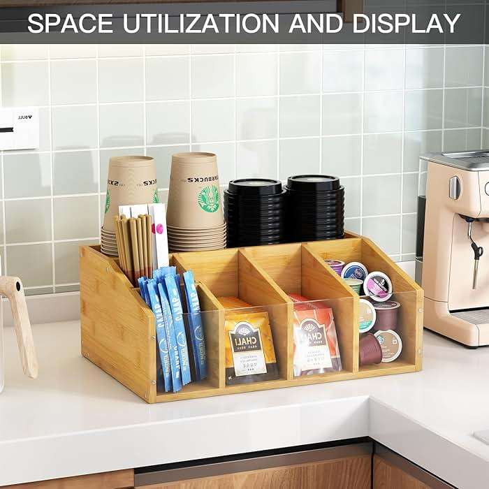 AEEHFENG Coffee Station Organizer Condiment Organizer for Countertop Farmhouse Coffee Caddy with Removable Dividers Small Cute Office Bar Accessories for Tea Bags, Pods, Syrup, Cups, and Stirrer - Image 7