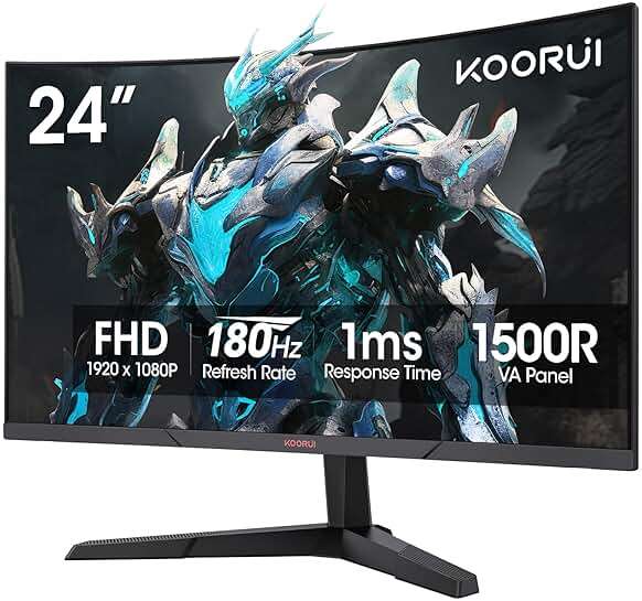 KOORUI 24 inch Curved Gaming Monitor 180Hz FHD 1080P Computer Monitor, 1ms 1500R Display, Adaptive Sync, FreeSync Premium, HDMI 2.0X2 & DP 1.2, VESA, Tilt, 24E6CA - Image 1
