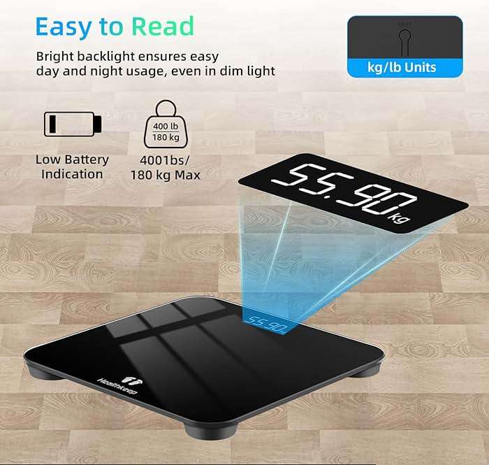 Digital Bathroom Scale for Body Weight: High-Precision 4-Sensor Accuracy, LED Display, 400lb/180kg Capacity, Safe Rounded Corners, Batteries Included - Image 6