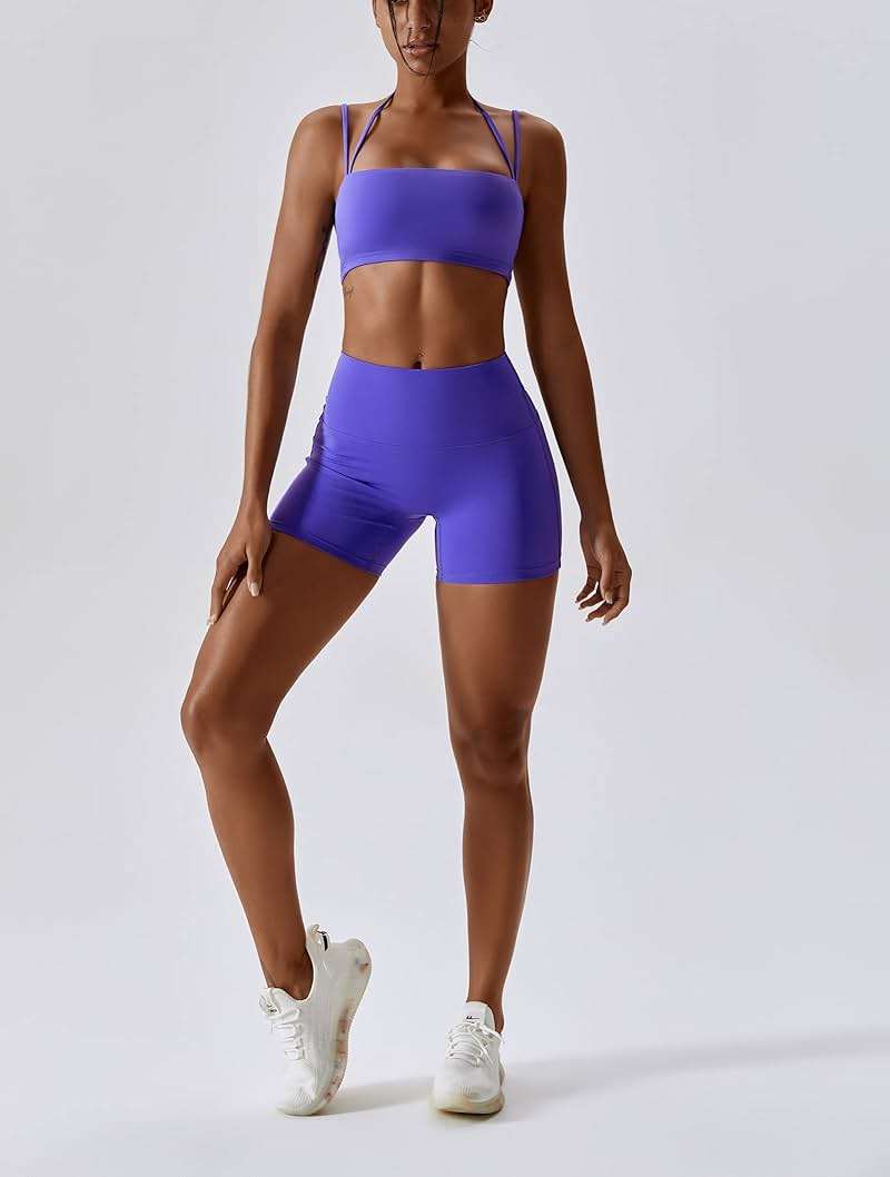 ABOCIW Workout Sets for Women 2 Piece Twist Front Halter Sports Bras High Waist Biker Shorts Exercise Gym Yoga Outfit - Image 6