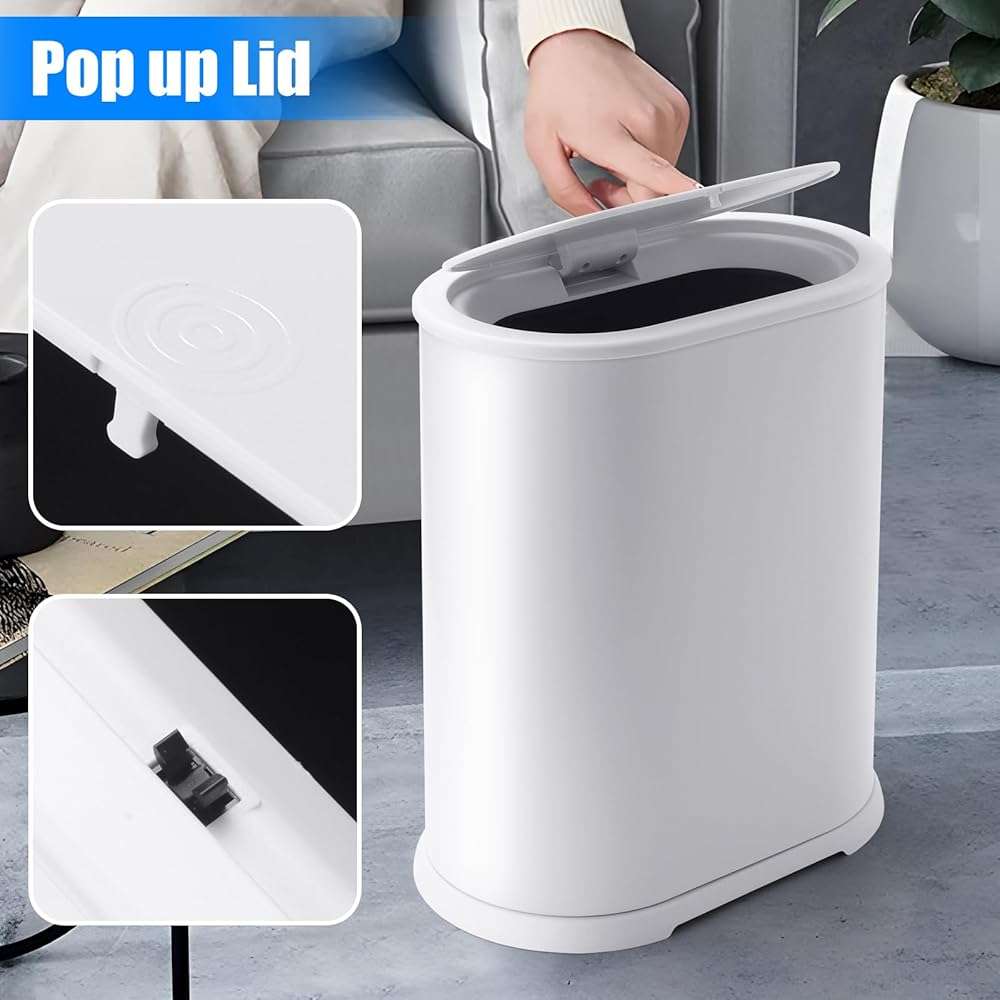Anzoymx Stainless Steel Bathroom Trash Cans 1.8 Gallons Small Garbage Can with Pop up Lid, Dog Proof Narrow Wastebasket, Slim Waterproof Litter Trash Bins Set for Bedroom, Toilet, Office (White) - Image 3
