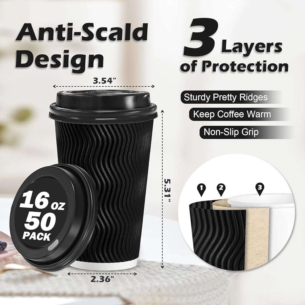 Lamosi 16 oz Disposable Coffee Cups with Lids, 50 Pack Insulated Hot Cups To Go Paper Coffee Cups with Lids and Straws, Corrugated Ripple Wall Cup for Hot Drink, Office, Coffee Bar (Black) - Image 3