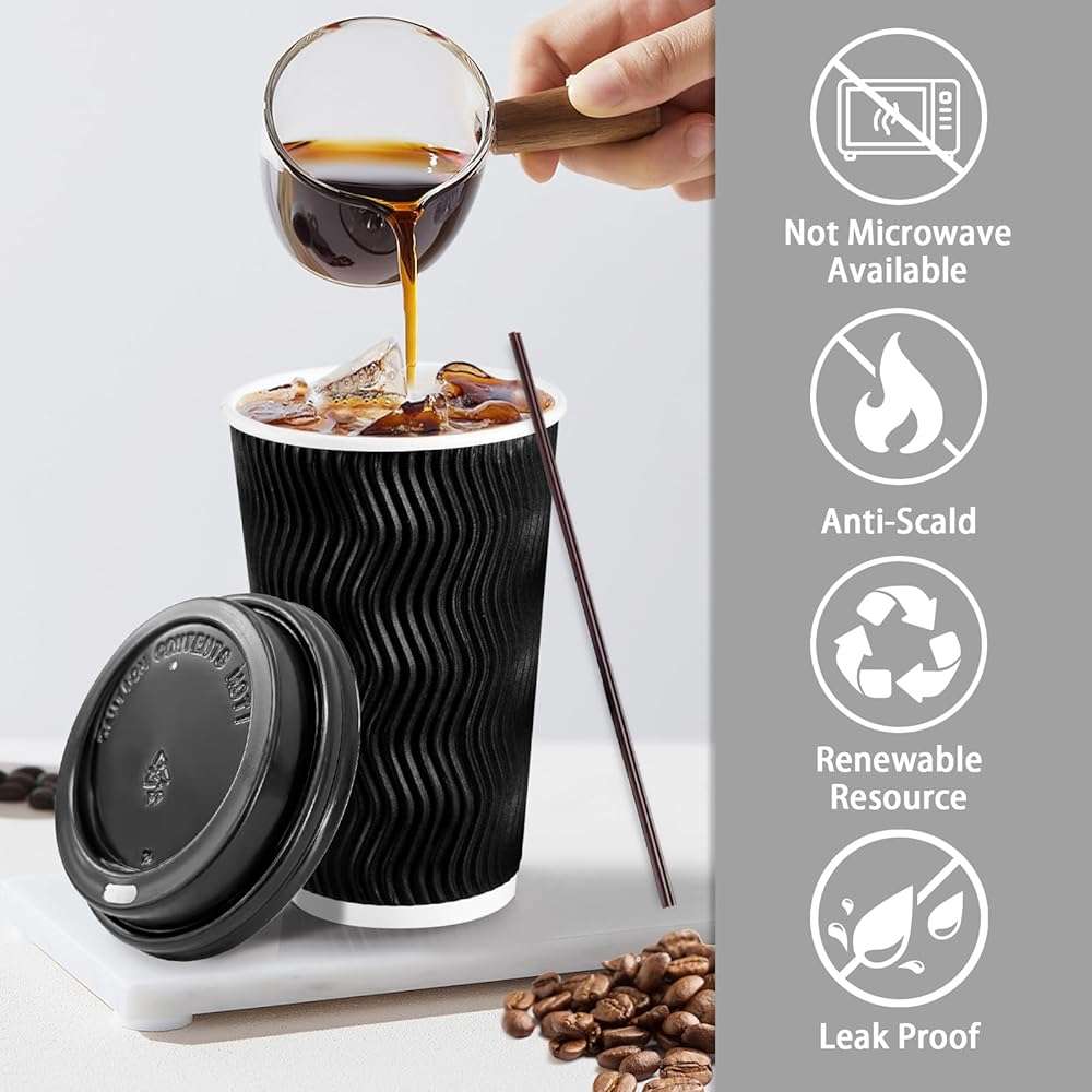 Lamosi 16 oz Disposable Coffee Cups with Lids, 50 Pack Insulated Hot Cups To Go Paper Coffee Cups with Lids and Straws, Corrugated Ripple Wall Cup for Hot Drink, Office, Coffee Bar (Black) - Image 4